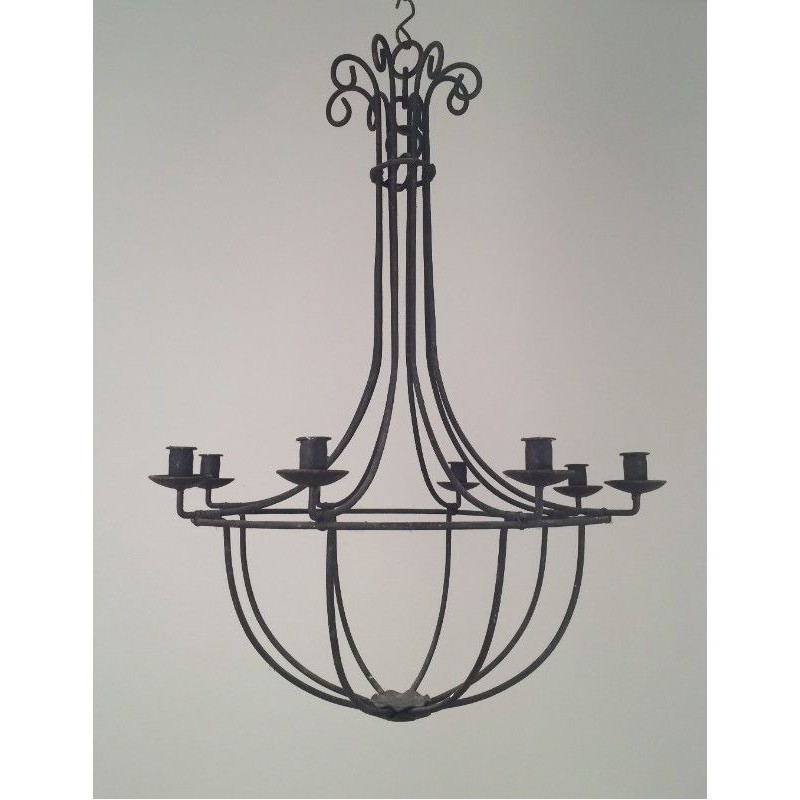 Large Cage-Form Wrought Iron Chandelier, French, Circa 1970