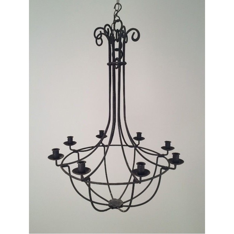Large Cage-Form Wrought Iron Chandelier, French, Circa 1970