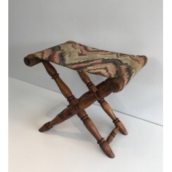 Tabouret Pliant en Bois et Tapisserie, Travail Français, Vers 1900