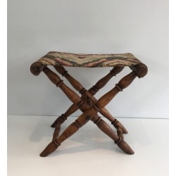 Tabouret Pliant en Bois et Tapisserie, Travail Français, Vers 1900