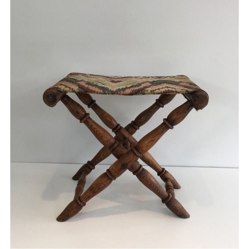 Tabouret Pliant en Bois et Tapisserie, Travail Français, Vers 1900