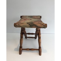Tabouret Pliant en Bois et Tapisserie, Travail Français, Vers 1900