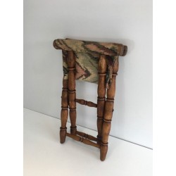 Tabouret Pliant en Bois et Tapisserie, Travail Français, Vers 1900