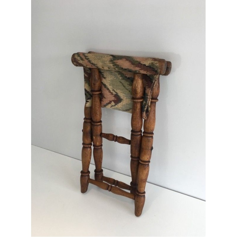 Tabouret Pliant en Bois et Tapisserie, Travail Français, Vers 1900