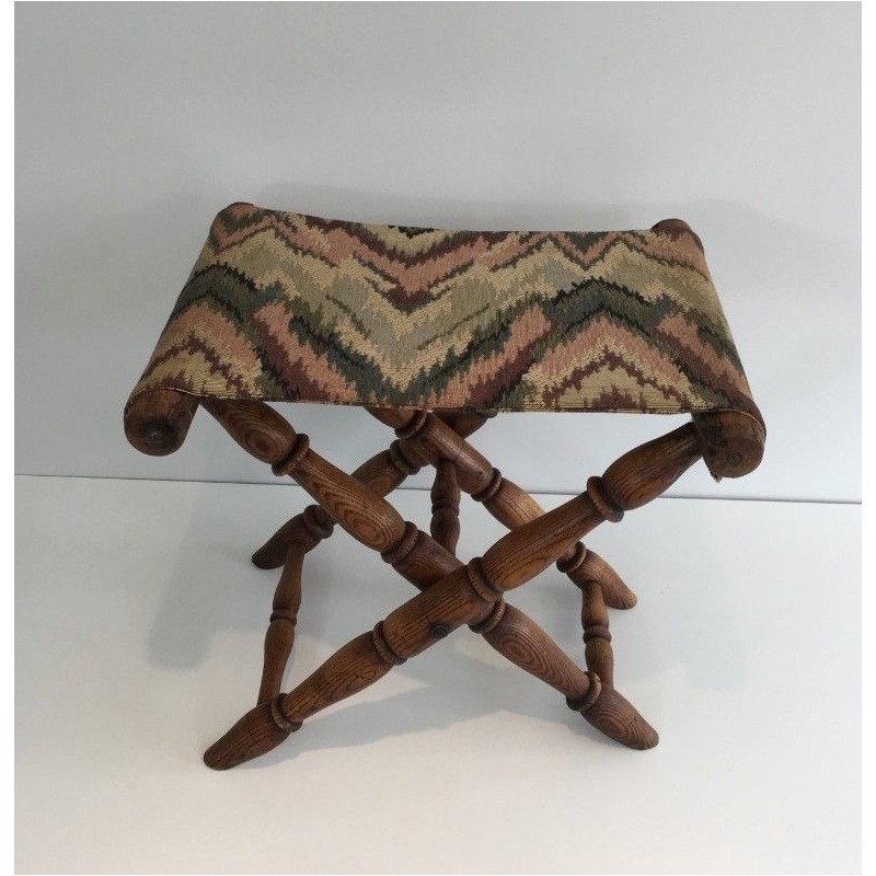 Tabouret Pliant en Bois et Tapisserie, Travail Français, Vers 1900