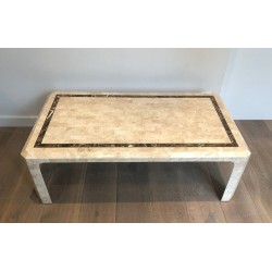 Table Basse en Plaquettes de Marbre avec Filet de Laiton Incrusté, Travail Français, Vers 1970