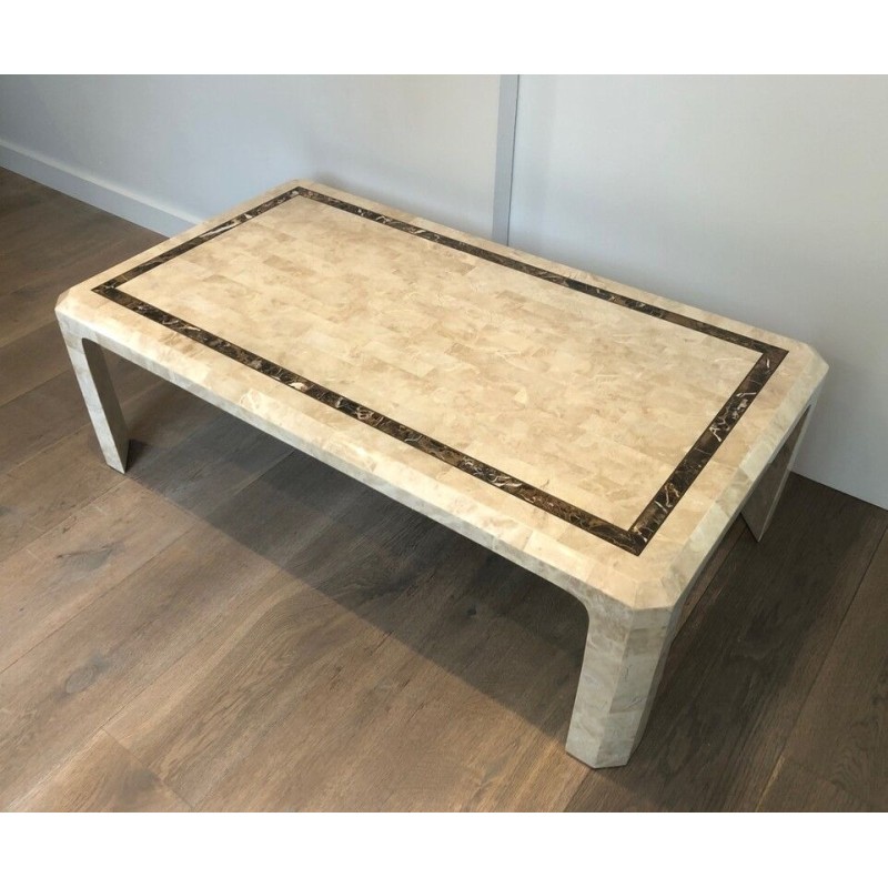 Table Basse en Plaquettes de Marbre avec Filet de Laiton Incrusté, Travail Français, Vers 1970