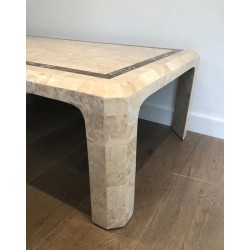 Table Basse en Plaquettes de Marbre avec Filet de Laiton Incrusté, Travail Français, Vers 1970