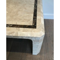 Table Basse en Plaquettes de Marbre avec Filet de Laiton Incrusté, Travail Français, Vers 1970