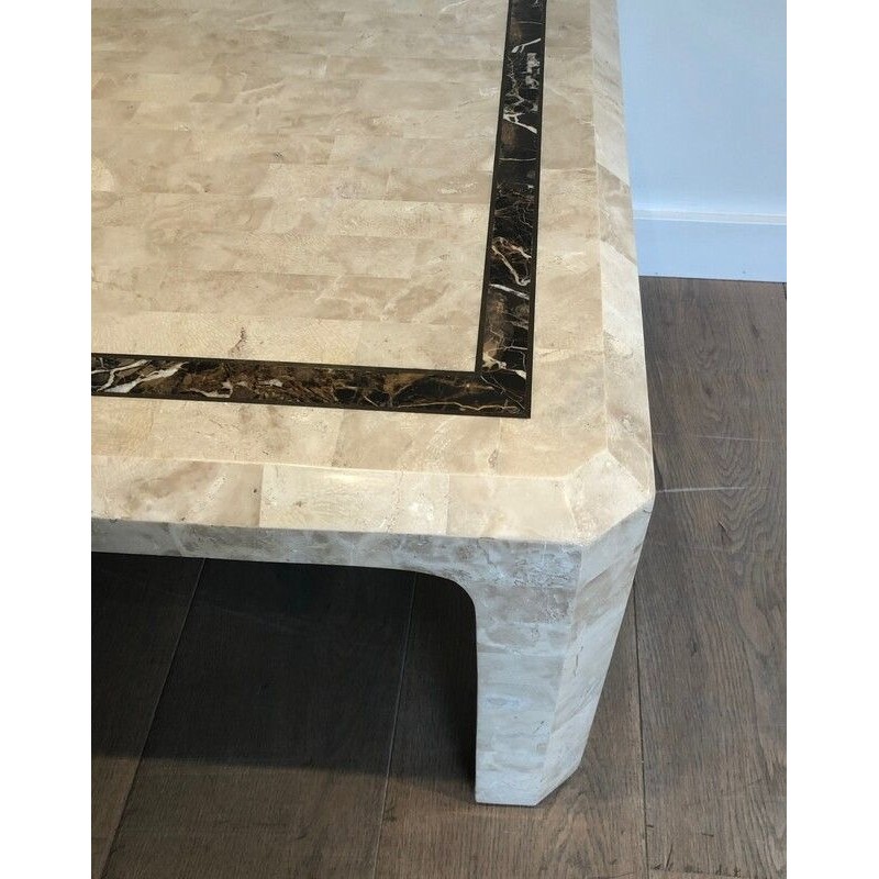 Table Basse en Plaquettes de Marbre avec Filet de Laiton Incrusté, Travail Français, Vers 1970