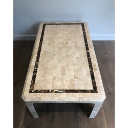 Table Basse en Plaquettes de Marbre avec Filet de Laiton Incrusté, Travail Français, Vers 1970