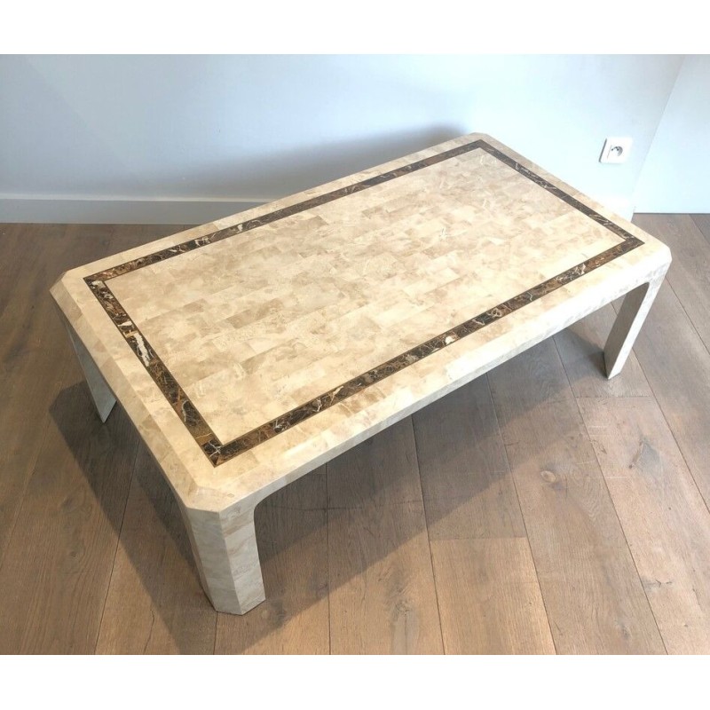 Table Basse en Plaquettes de Marbre avec Filet de Laiton Incrusté, Travail Français, Vers 1970