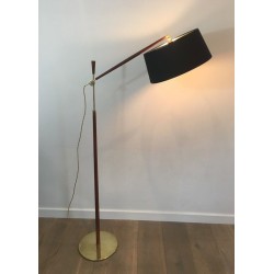 Lampadaire de Parquet Ajustable en Bois et Laiton, Travail Français, Vers 1970