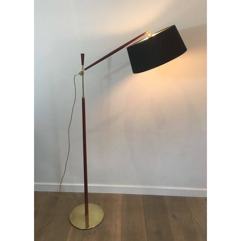 Lampadaire de Parquet Ajustable en Bois et Laiton, Travail Français, Vers 1970