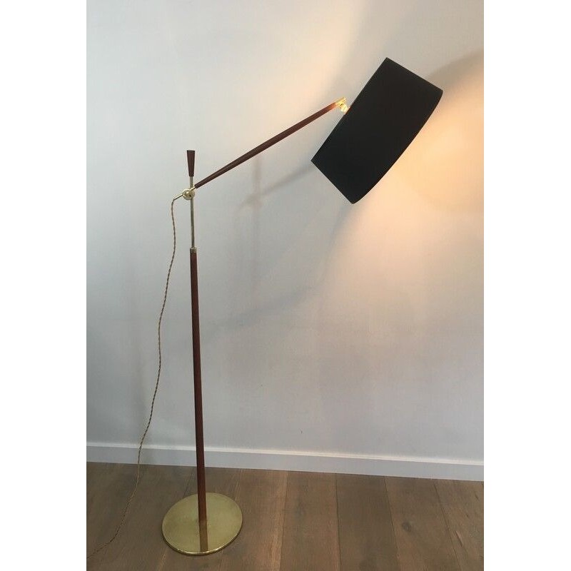 Lampadaire de Parquet Ajustable en Bois et Laiton, Travail Français, Vers 1970
