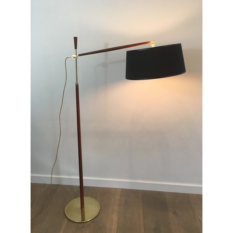 Wood and Brass Adjustable Floor Lamp, French, Circa 1970