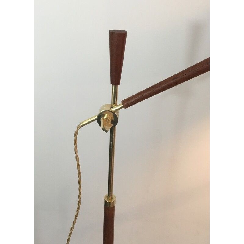 Lampadaire de Parquet Ajustable en Bois et Laiton, Travail Français, Vers 1970