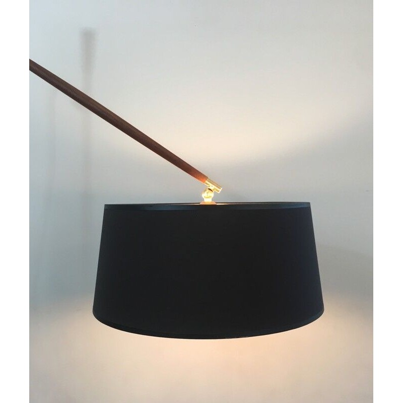 Lampadaire de Parquet Ajustable en Bois et Laiton, Travail Français, Vers 1970