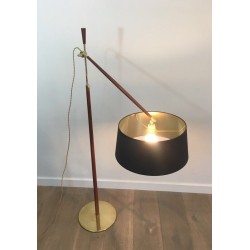 Lampadaire de Parquet Ajustable en Bois et Laiton, Travail Français, Vers 1970