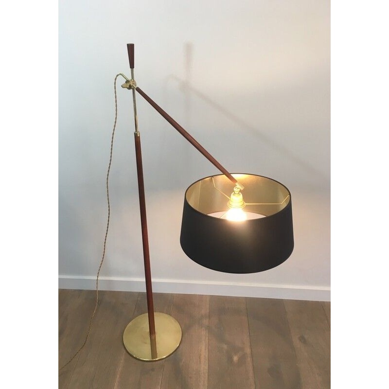 Lampadaire de Parquet Ajustable en Bois et Laiton, Travail Français, Vers 1970