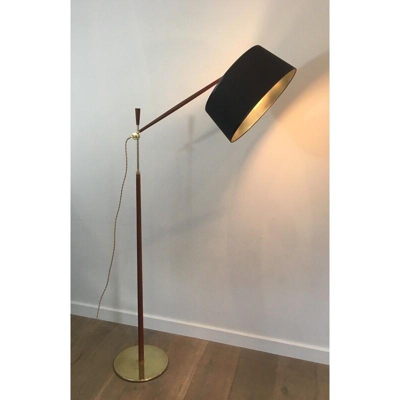 Wood and Brass Adjustable Floor Lamp, French, Circa 1970