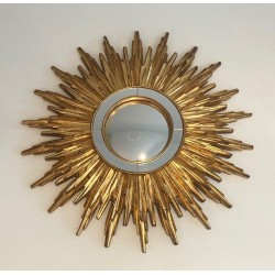Miroir Soleil en Résine Dorée, Travail Français, Vers 1970