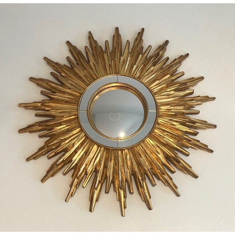 Miroir Soleil en Résine Dorée, Travail Français, Vers 1970