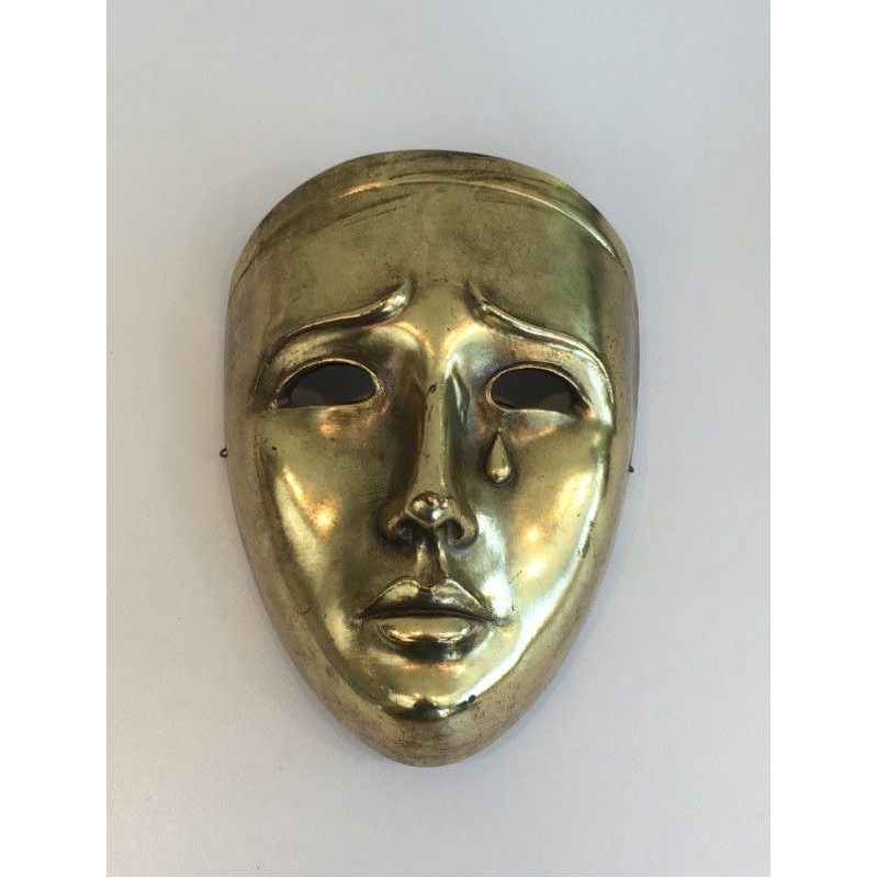 Masque Décoratif en Céramique Dorée, Signé, Travail Portugais, Vers 1970