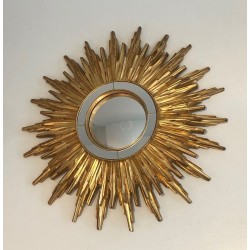 Miroir Soleil en Résine Dorée, Travail Français, Vers 1970