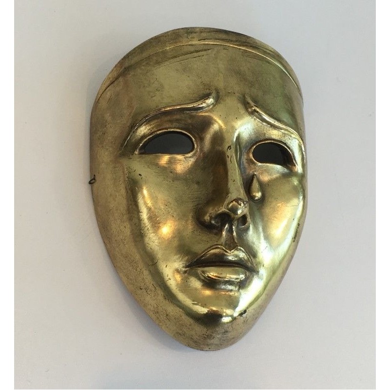 Masque Décoratif en Céramique Dorée, Signé, Travail Portugais, Vers 1970