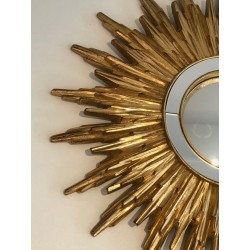Miroir Soleil en Résine Dorée, Travail Français, Vers 1970