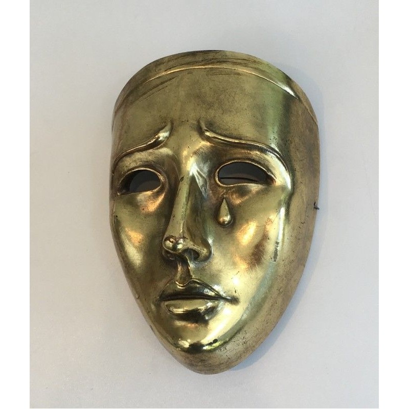 Masque Décoratif en Céramique Dorée, Signé, Travail Portugais, Vers 1970