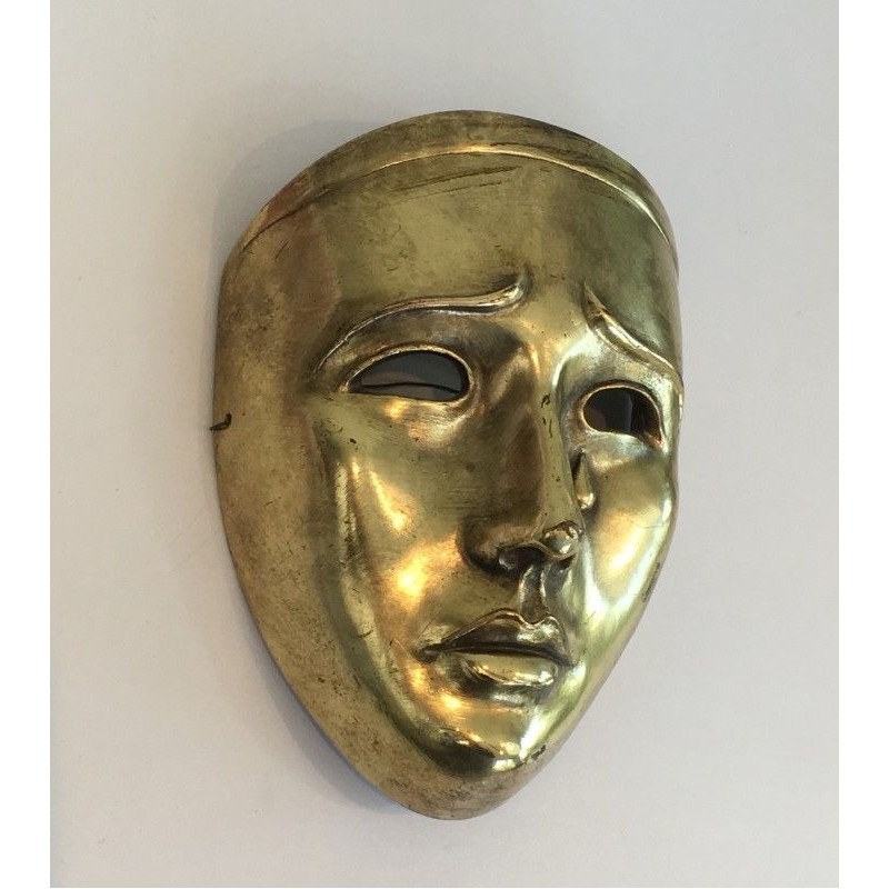 Masque Décoratif en Céramique Dorée, Signé, Travail Portugais, Vers 1970