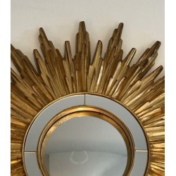 Miroir Soleil en Résine Dorée, Travail Français, Vers 1970