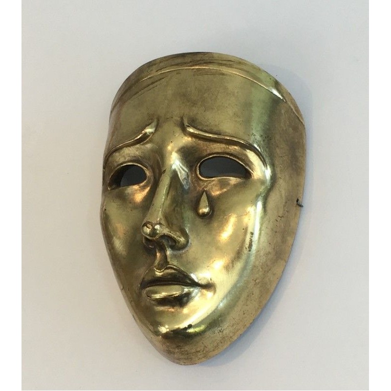 Masque Décoratif en Céramique Dorée, Signé, Travail Portugais, Vers 1970
