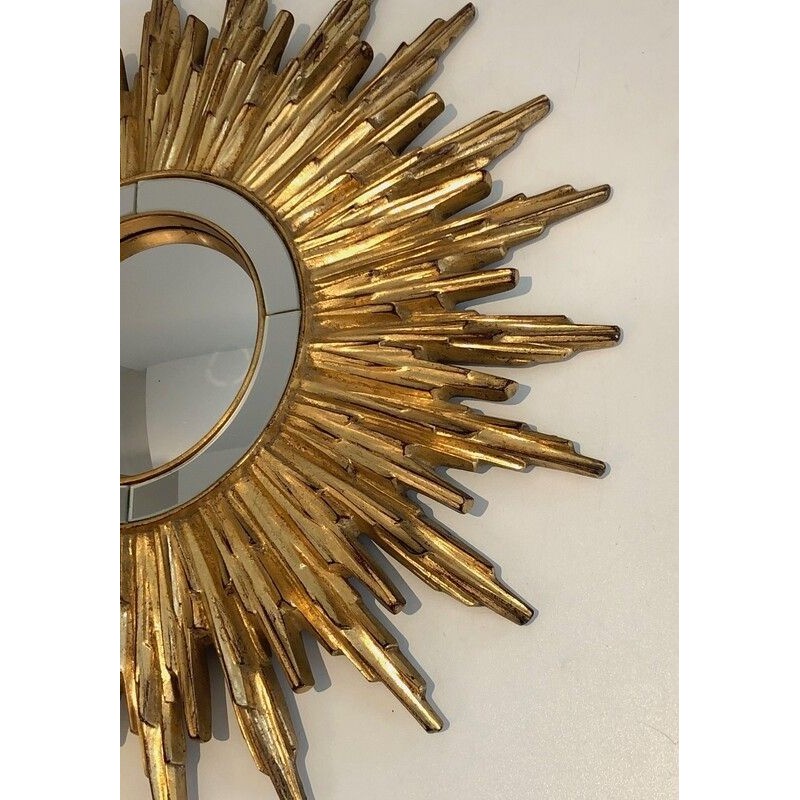 Miroir Soleil en Résine Dorée, Travail Français, Vers 1970