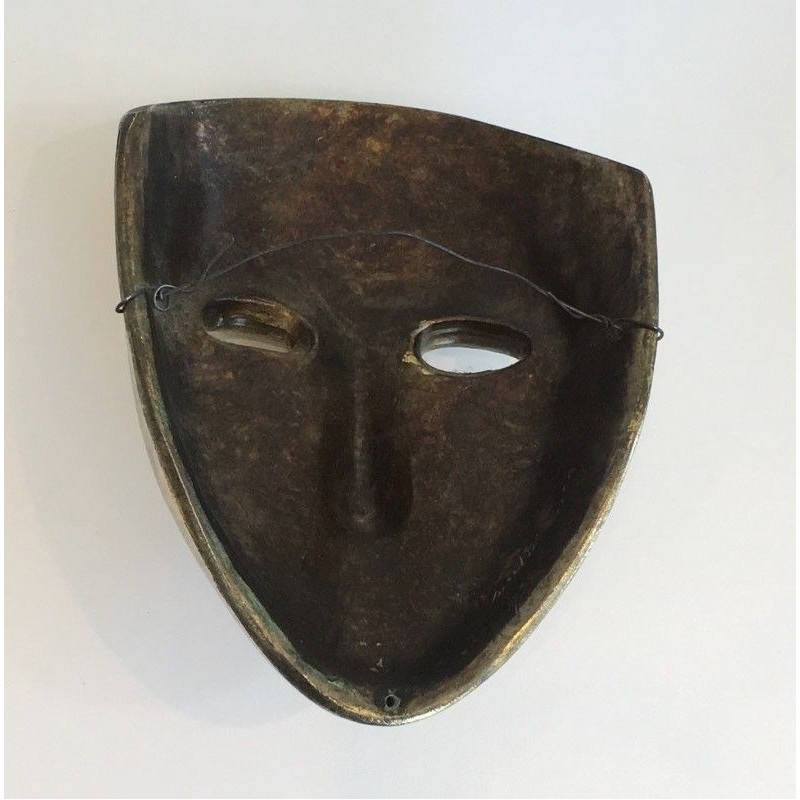 Masque Décoratif en Céramique Dorée, Signé, Travail Portugais, Vers 1970