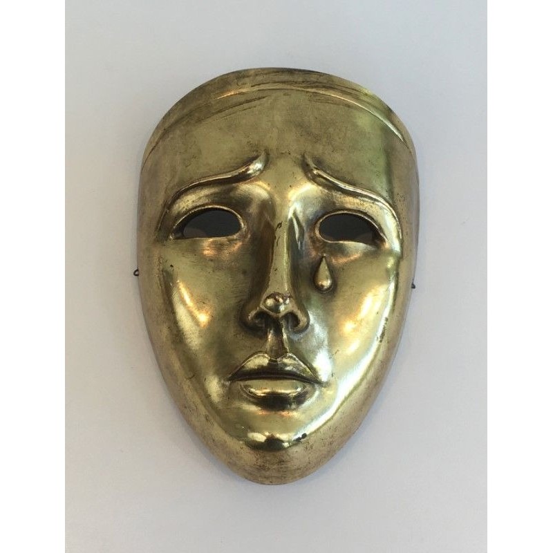 Masque Décoratif en Céramique Dorée, Signé, Travail Portugais, Vers 1970