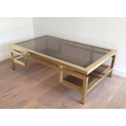 Rare et Importante Table Basse en Laiton à Plateaux de Verre Fumé, Guy Lefèvre pour la Maison Jansen, Vers 1970