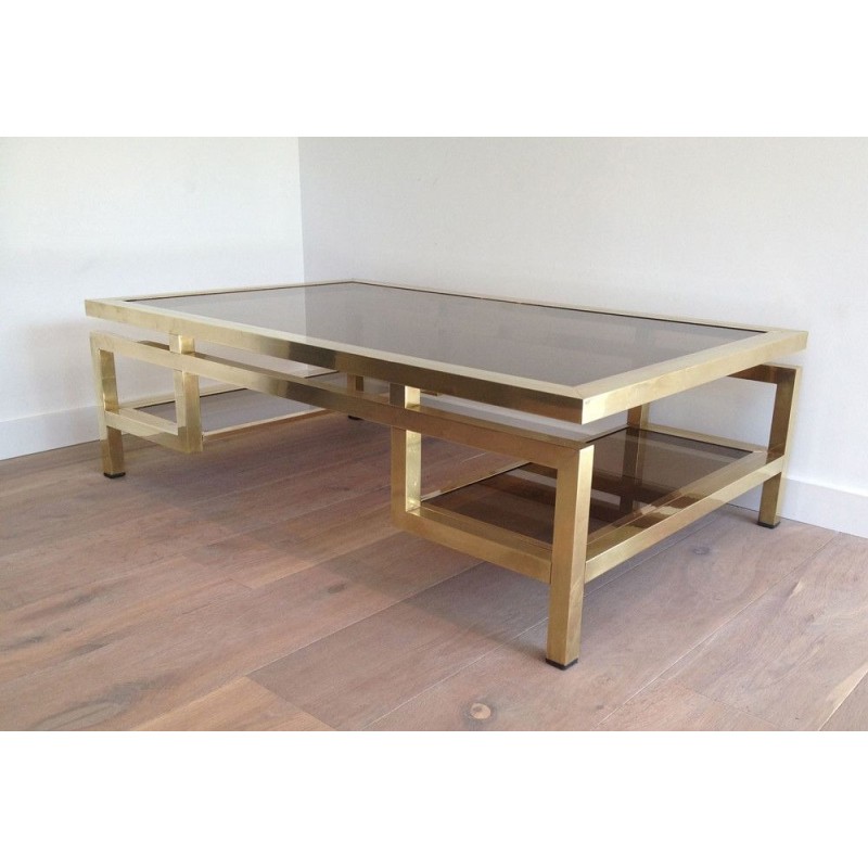 Rare et Importante Table Basse en Laiton à Plateaux de Verre Fumé, Guy Lefèvre pour la Maison Jansen, Vers 1970