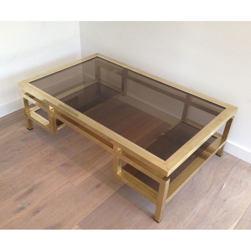Rare et Importante Table Basse en Laiton à Plateaux de Verre Fumé, Guy Lefèvre pour la Maison Jansen, Vers 1970
