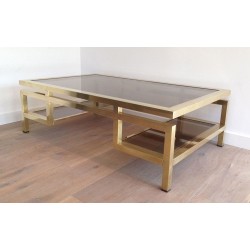 Rare and Important Brass Coffee Table with Smoked Glass Tops, Guy Lefèvre for Maison Jansen, French, Circa 1970