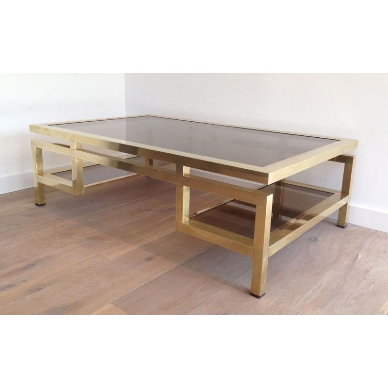 Rare et Importante Table Basse en Laiton à Plateaux de Verre Fumé, Guy Lefèvre pour la Maison Jansen, Vers 1970