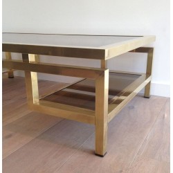 Rare and Important Brass Coffee Table with Smoked Glass Tops, Guy Lefèvre for Maison Jansen, French, Circa 1970