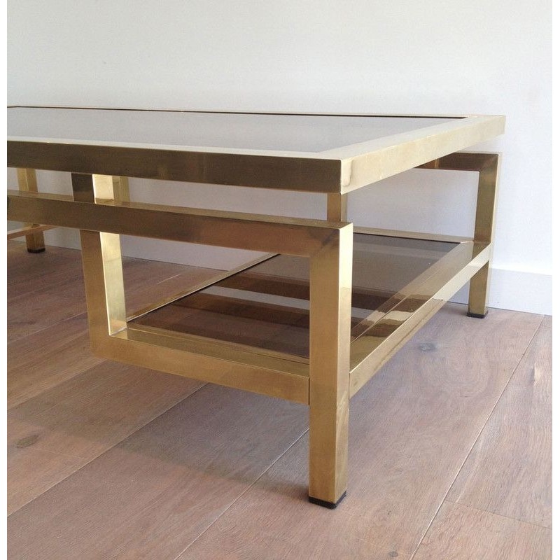 Rare and Important Brass Coffee Table with Smoked Glass Tops, Guy Lefèvre for Maison Jansen, French, Circa 1970