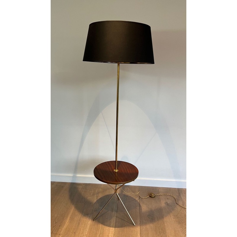 Lampadaire Néoclassique Laiton et Acajou avec Étagère, Style Maison Jansen, vers 1940