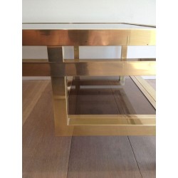 Rare et Importante Table Basse en Laiton à Plateaux de Verre Fumé, Guy Lefèvre pour la Maison Jansen, Vers 1970