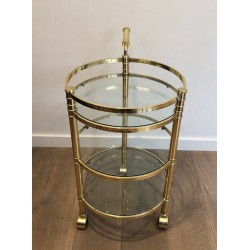 Table Roulante Ronde en Laiton, Travail Français, Vers 1970