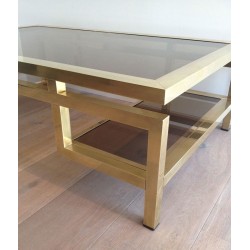 Rare and Important Brass Coffee Table with Smoked Glass Tops, Guy Lefèvre for Maison Jansen, French, Circa 1970