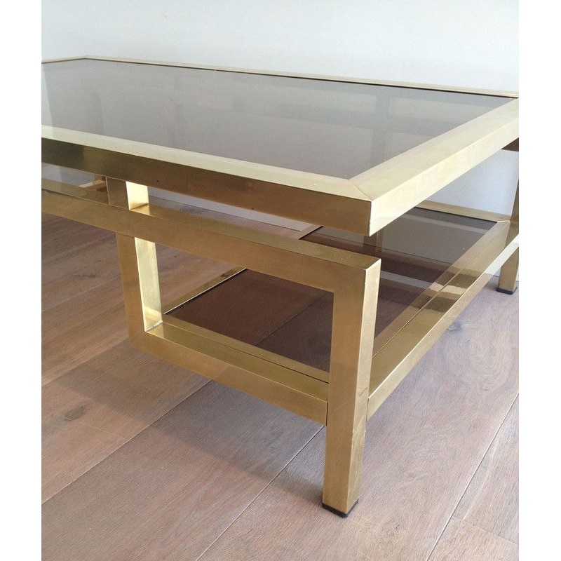 Rare et Importante Table Basse en Laiton à Plateaux de Verre Fumé, Guy Lefèvre pour la Maison Jansen, Vers 1970